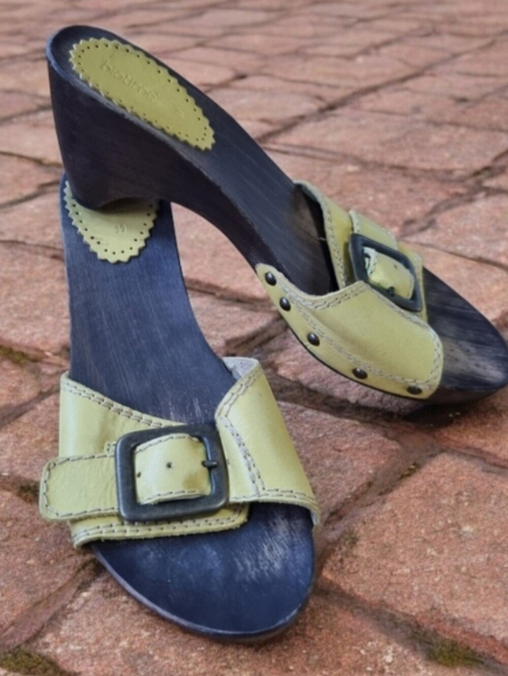 Biotime Made in Spain Green Vintage Buckle Slip-On Wooden Clogs Slides Sz 39/8